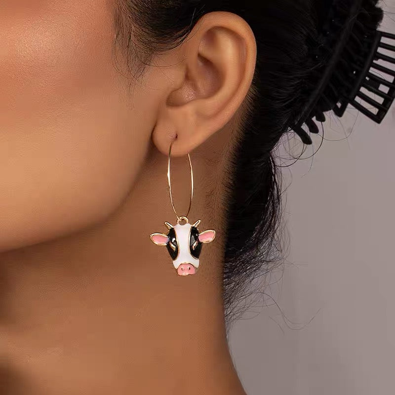 Cute Cow Charm Hoops in Gold Tone