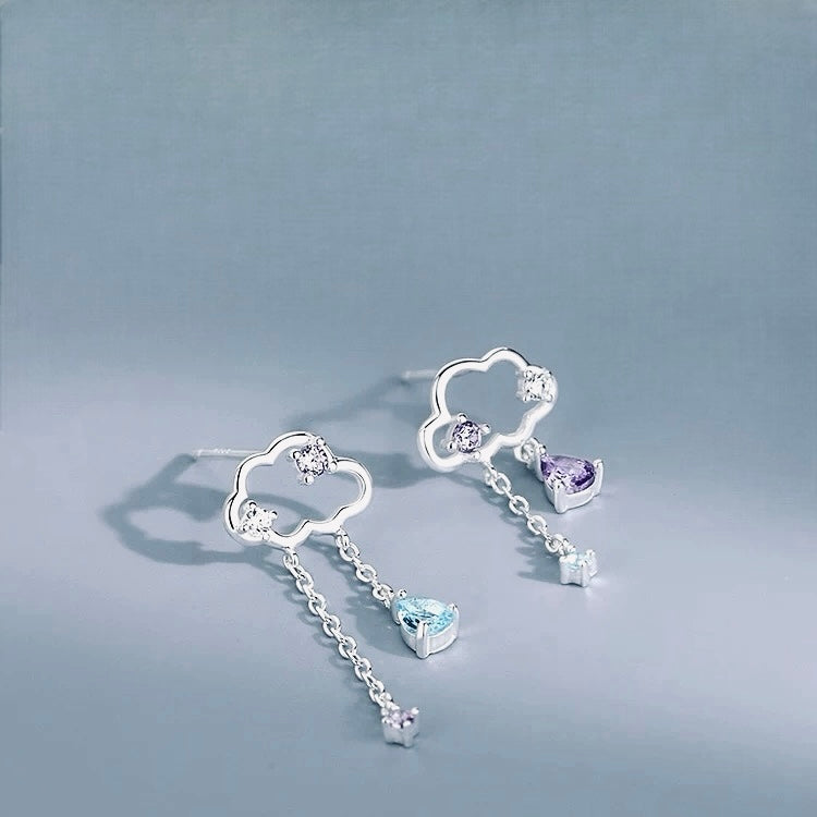 Cute mini cloud raindrops silver earrings with gems