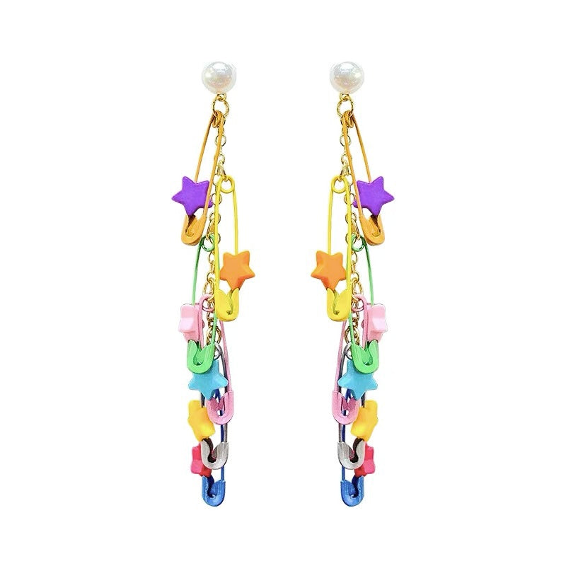 Hanging safety pin & star earrings