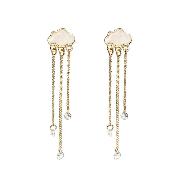 Gold raincloud drop earrings - crystal / pearl raindrops