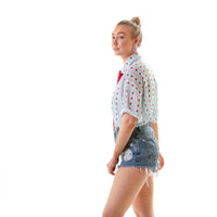 blue lady bird detachable tie  short sleeve crop shirt with cami