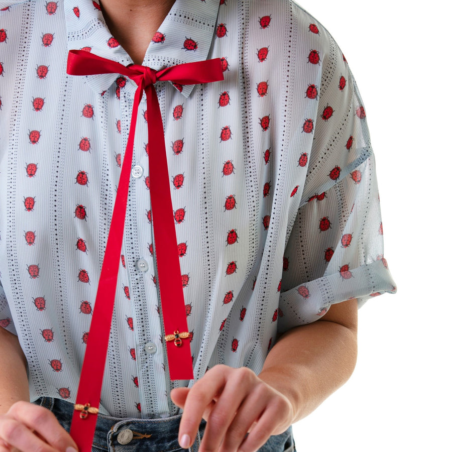 blue lady bird detachable tie  short sleeve crop shirt with cami