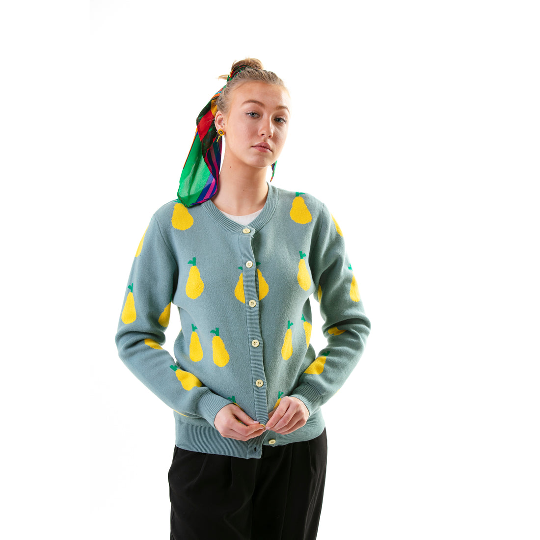 blue/ green colour with yellow pears graphic cotton cardigan