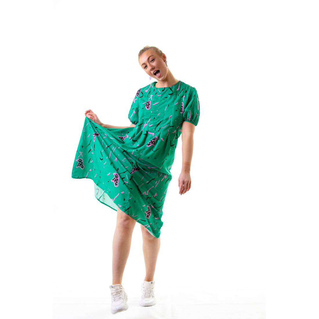 happy Green short puff sleeve doll midi dress