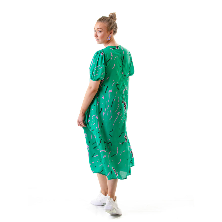 happy Green short puff sleeve doll midi dress