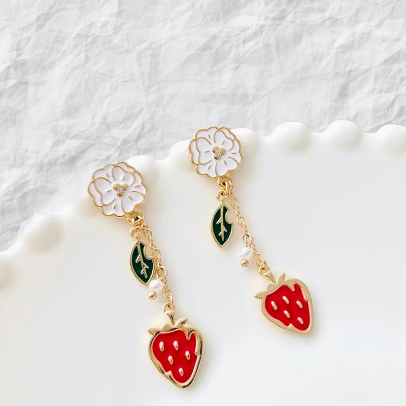 Strawberry floral drop earrings in gold tone