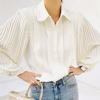 Silky pleated sleeve white shirt  with lace details