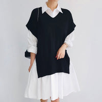 Black knit vest with white dress set