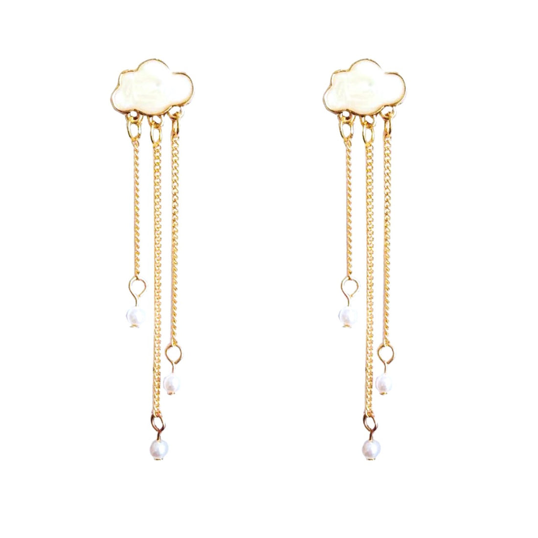 Gold raincloud drop earrings - crystal / pearl raindrops